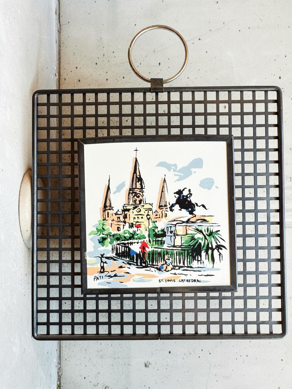 Pat St. Louis Cathedral Illustrated Wall Tile Metal Art - Vintage Wrought Iron